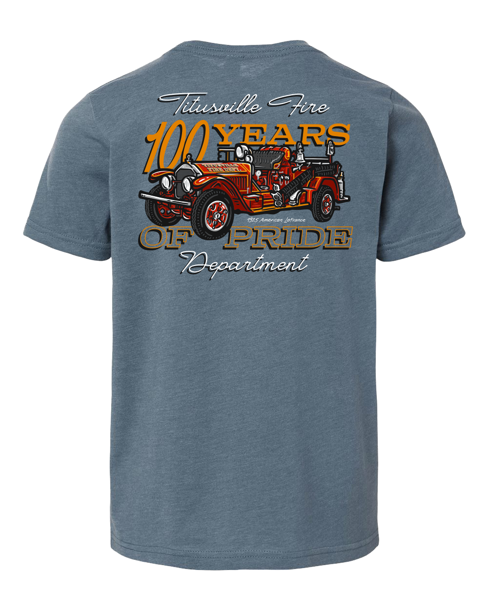 Titusville Fire ALF 100th Anniv. Heather Slate Blue Youth Tee